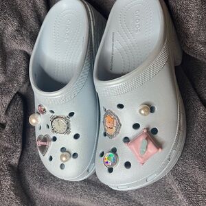 CROCS Cinderella Sky Blue platforms with Fun Charms